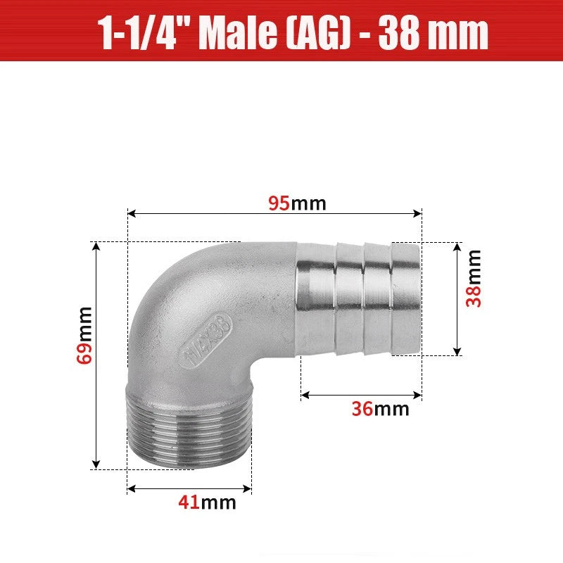 BSP Male Elbow Barbed Hose Connector — Stainless Steel, 1/8" to 1/2", 6–16mm