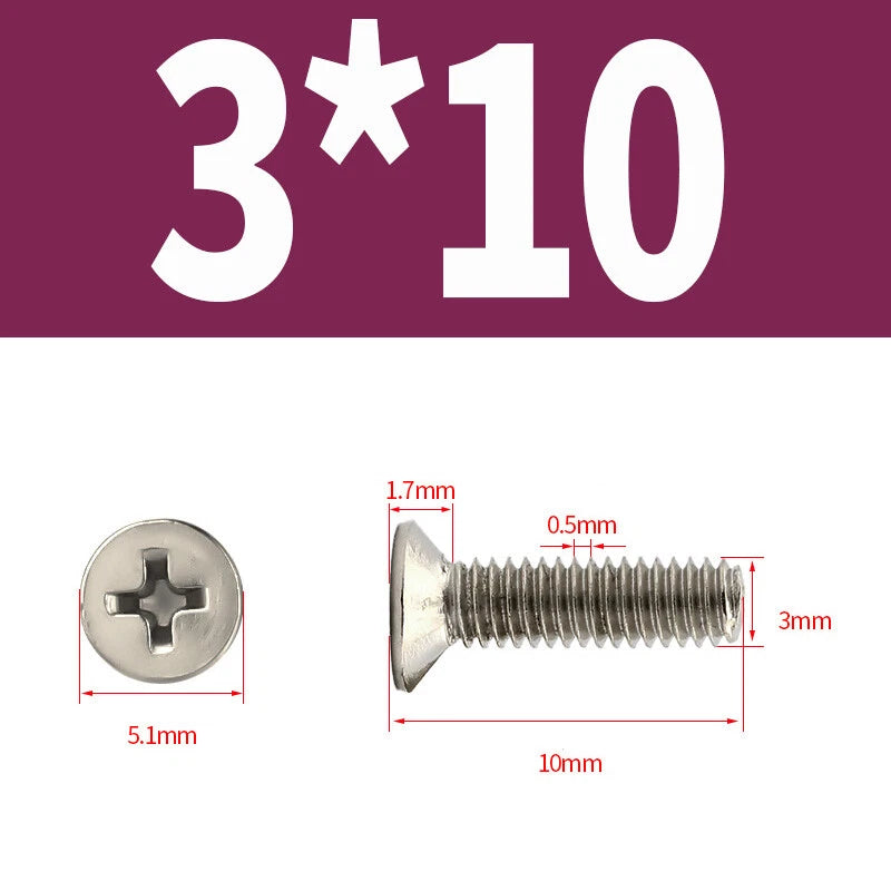 Phillips Machine Screws Countersunk Nickel Plated Steel DIN 965 Flat Head M1~M6