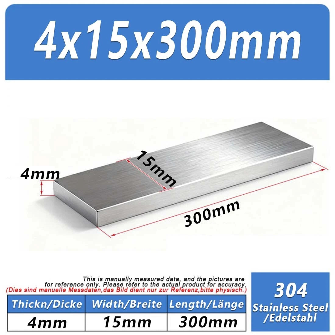 Stainless Steel Flat Bar Plate Grade 304 Various Size & Length 100/200/300/500mm