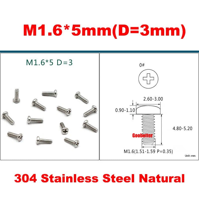 Phillips Pan Head Machine Screws M0.8 M1 M1.2 M1.4 M1.6 M1.7 — Cross Round Head Bolts, Multiple Coatings - HomeDIYer