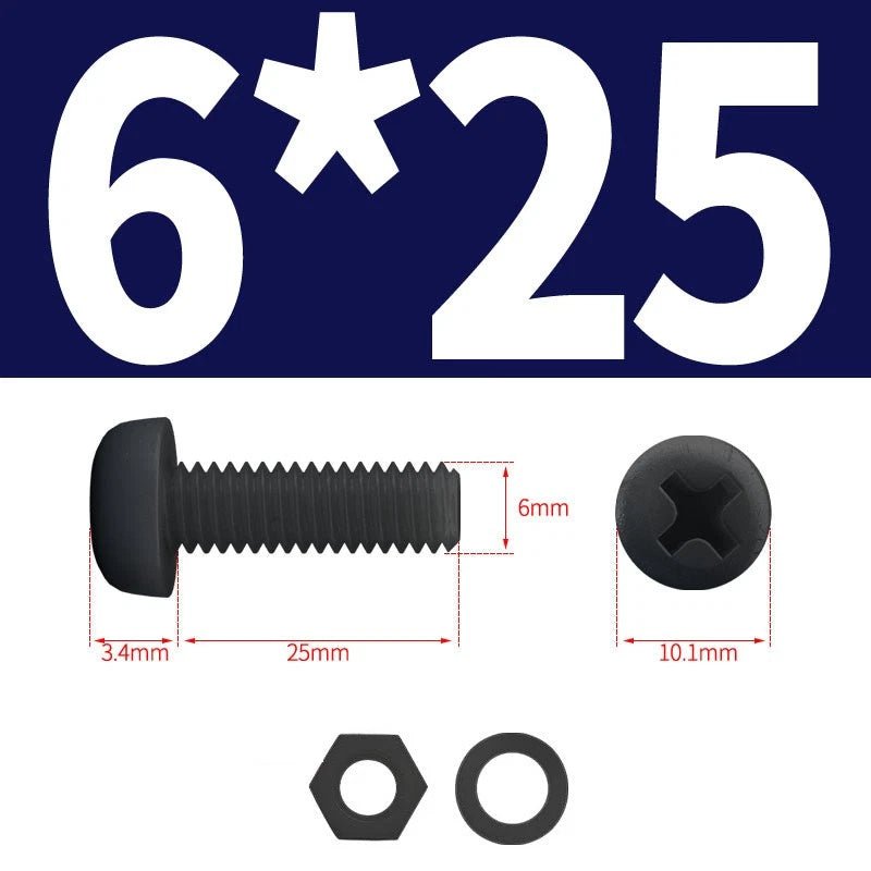 Black Nylon Phillips Machine Screws with Nuts & Washers — Metric M2 to M8 - HomeDIYer