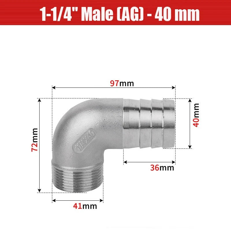 BSP Male Elbow Barbed Hose Connector — Stainless Steel, 1/8" to 1/2", 6–16mm