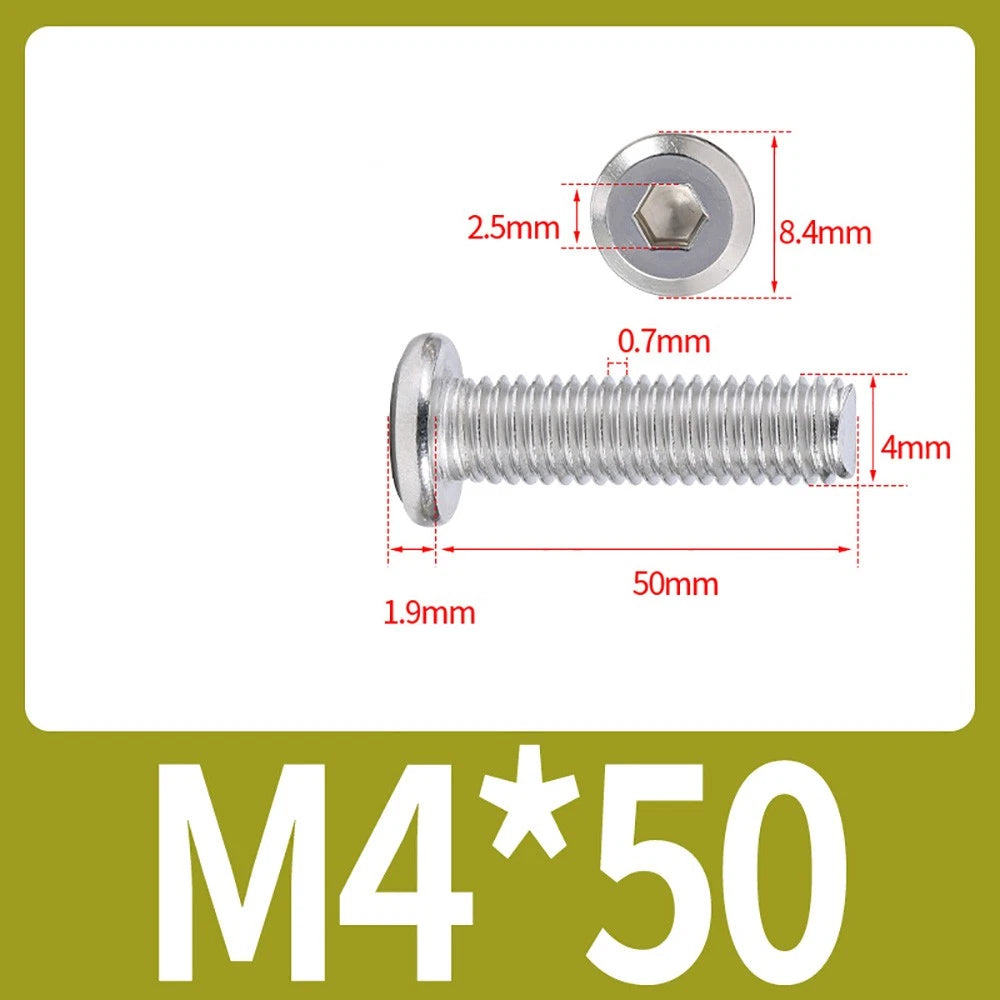 M2 M3 M4 Flat Round Head Hex Socket Screws – A2 Stainless Steel, Fully Threaded (3–50mm)