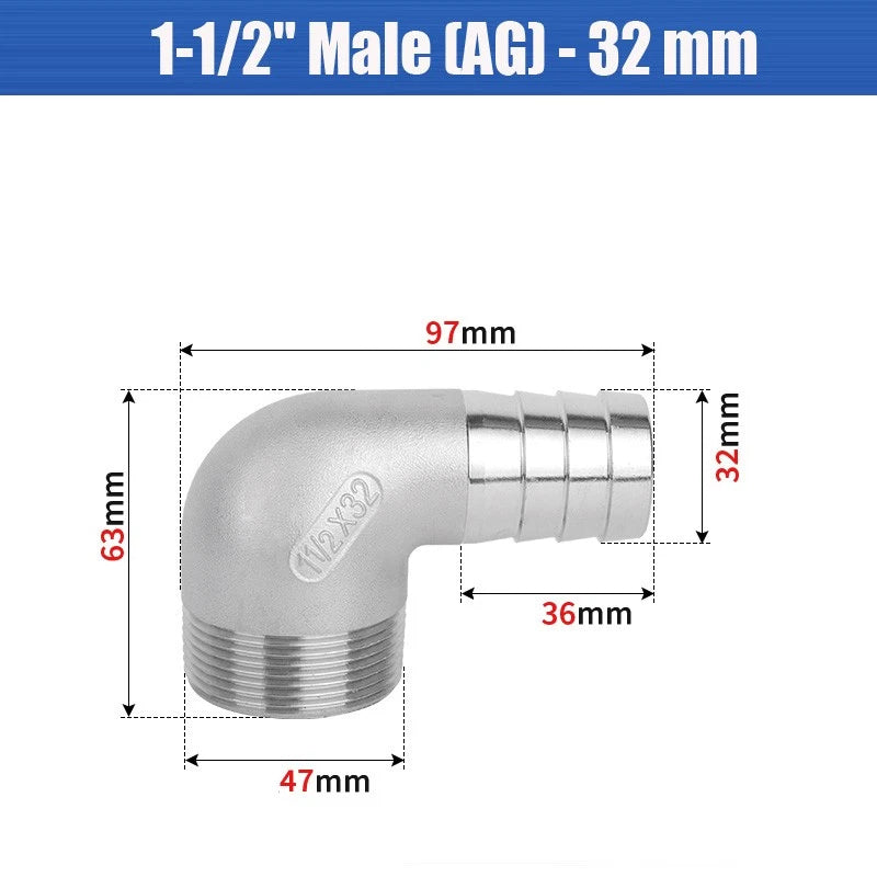 BSP Male Elbow Barbed Hose Connector — Stainless Steel, 1/8" to 1/2", 6–16mm