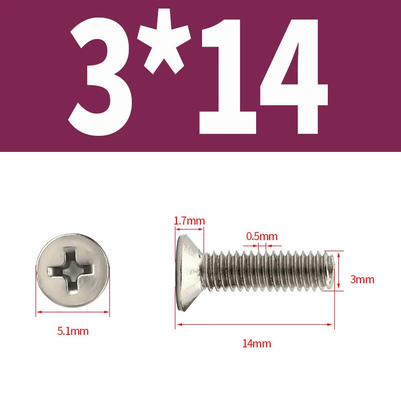 Phillips Machine Screws Countersunk Nickel Plated Steel DIN 965 Flat Head M1~M6
