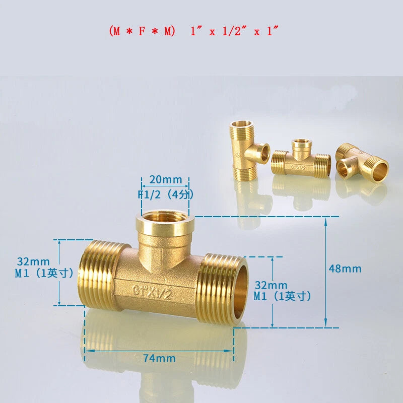 Brass Tee Pipe Fittings – NPT Thread, 1/8" to 2", M/F Configurations