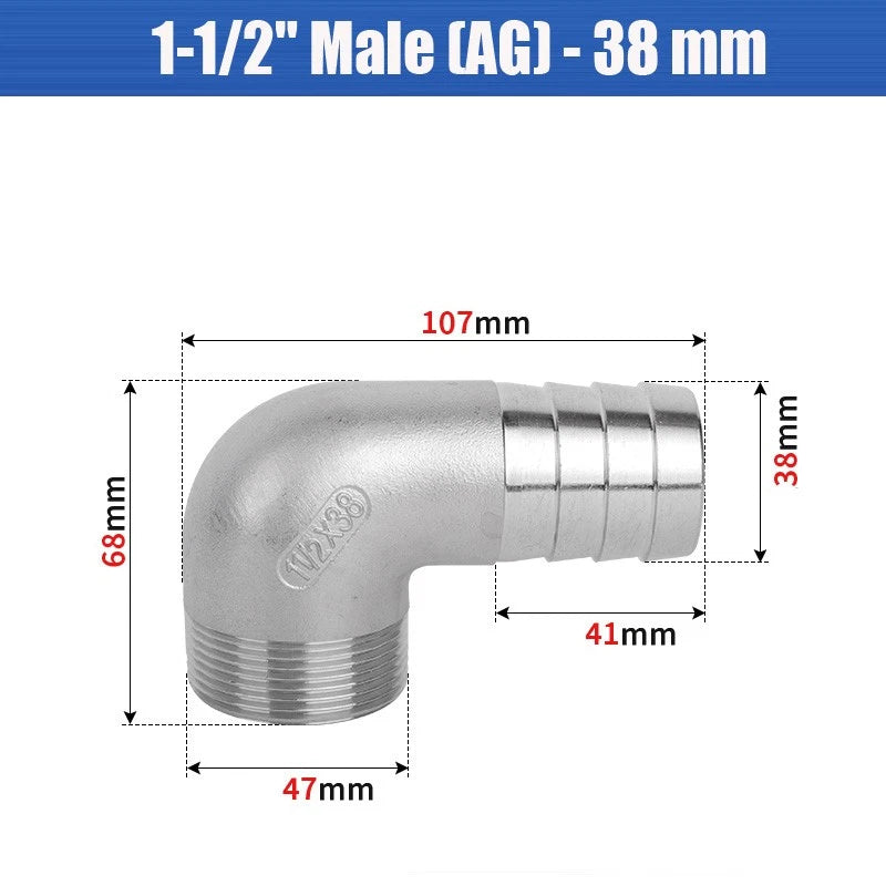 BSP Male Elbow Barbed Hose Connector — Stainless Steel, 1/8" to 1/2", 6–16mm