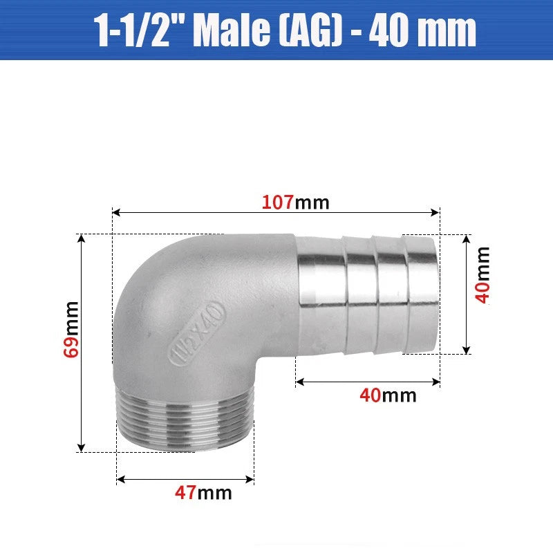 BSP Male Elbow Barbed Hose Connector — Stainless Steel, 1/8" to 1/2", 6–16mm