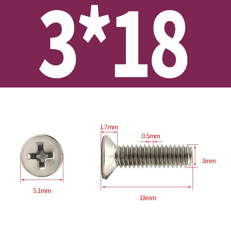 Phillips Machine Screws Countersunk Nickel Plated Steel DIN 965 Flat Head M1~M6