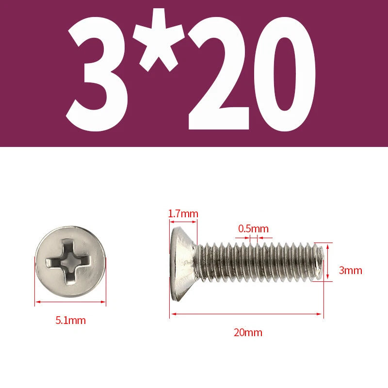 Phillips Machine Screws Countersunk Nickel Plated Steel DIN 965 Flat Head M1~M6