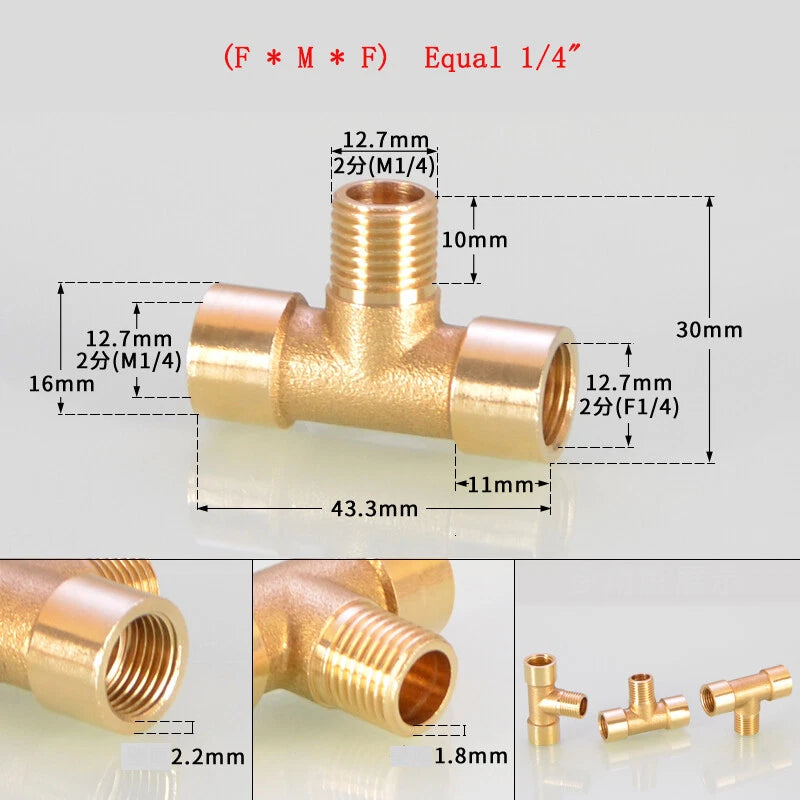 Brass Tee Pipe Fittings – NPT Thread, 1/8" to 2", M/F Configurations