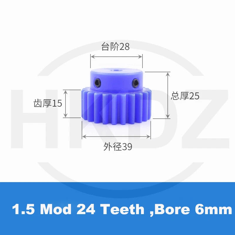 1.5 Mod Blue Nylon Spur Gear 15-60T,Bore 6-12mm Pinion Gear With Step Motor Gear