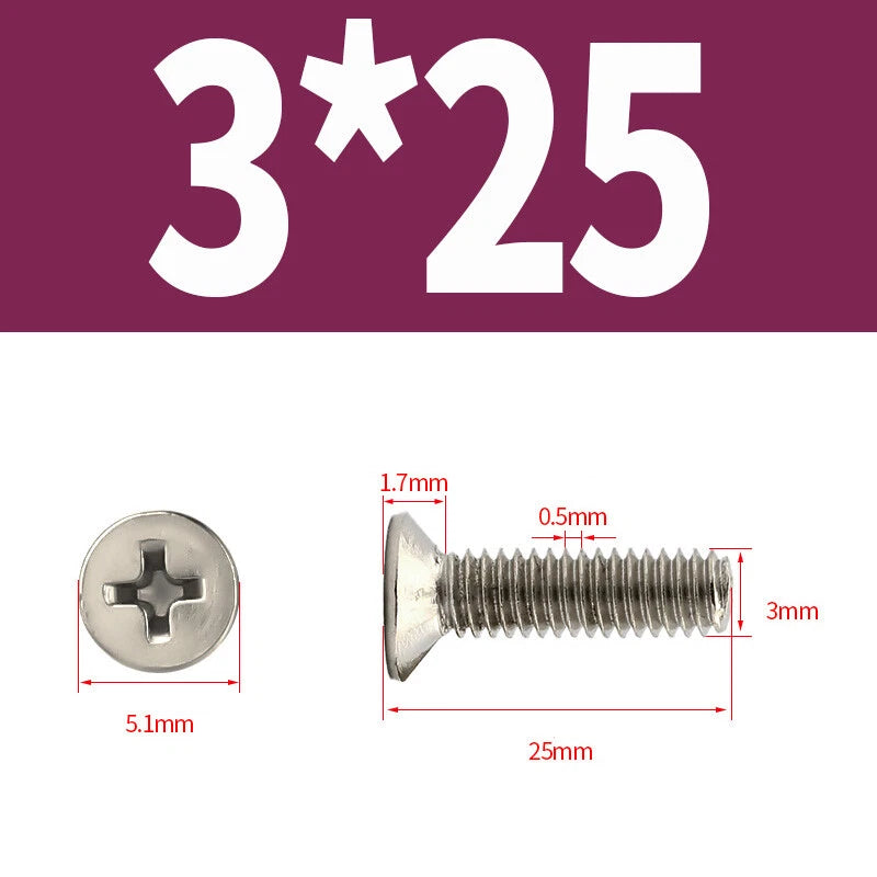 Phillips Machine Screws Countersunk Nickel Plated Steel DIN 965 Flat Head M1~M6