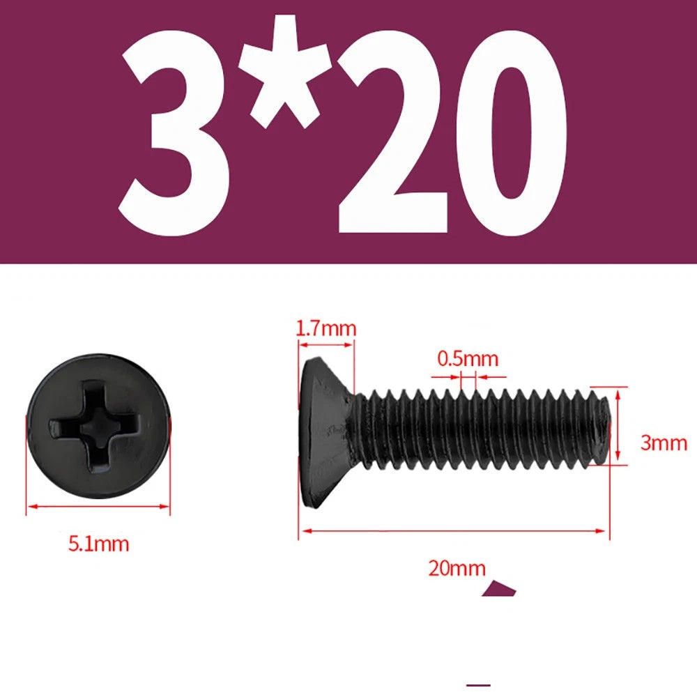Black Phillips Flat Head Countersunk Machine Screws — Carbon Steel M1–M6