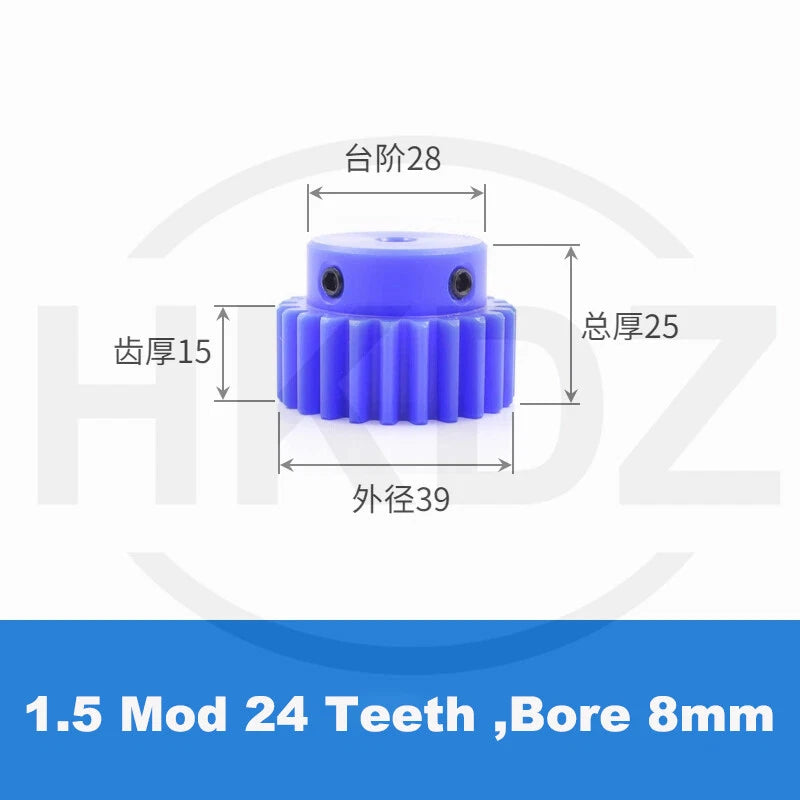 1.5 Mod Blue Nylon Spur Gear 15-60T,Bore 6-12mm Pinion Gear With Step Motor Gear