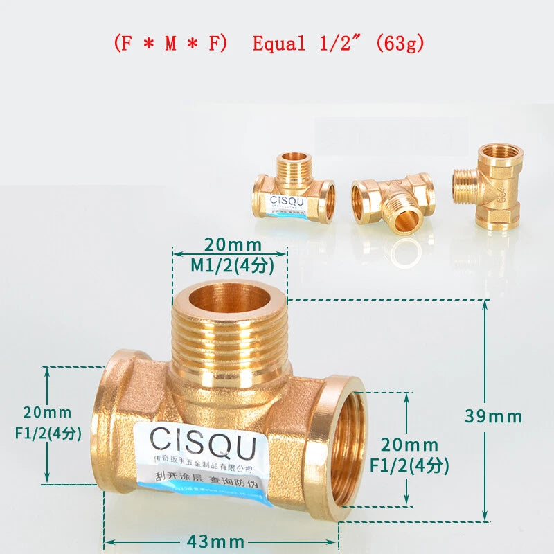 Brass Tee Pipe Fittings – NPT Thread, 1/8" to 2", M/F Configurations