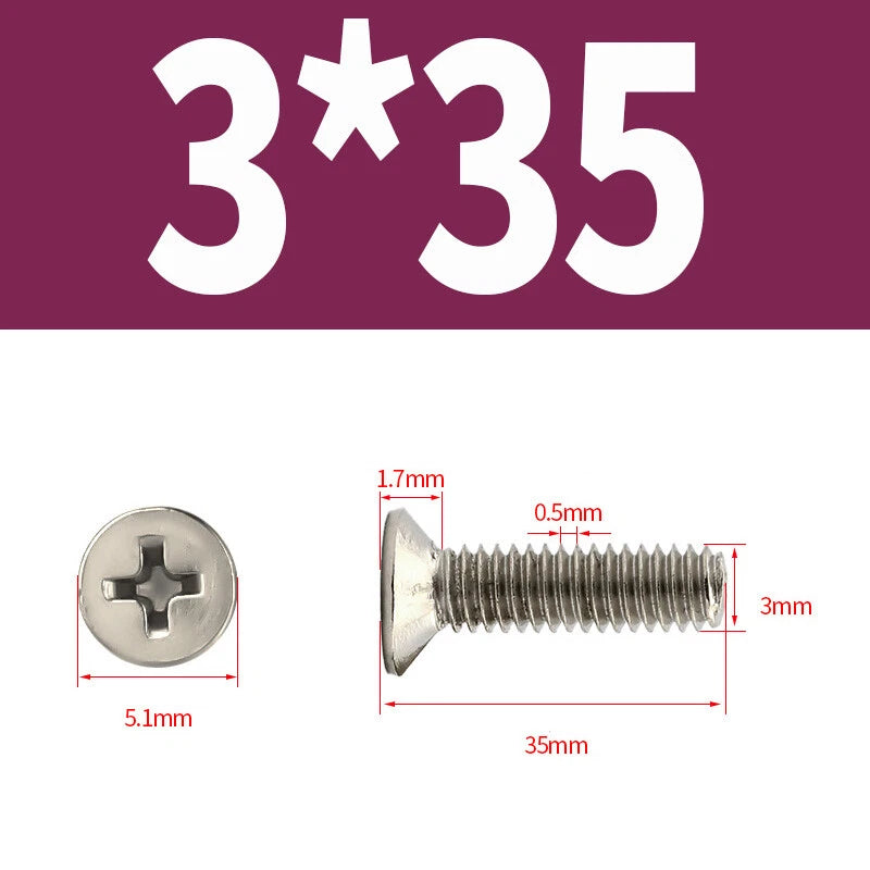 Phillips Machine Screws Countersunk Nickel Plated Steel DIN 965 Flat Head M1~M6