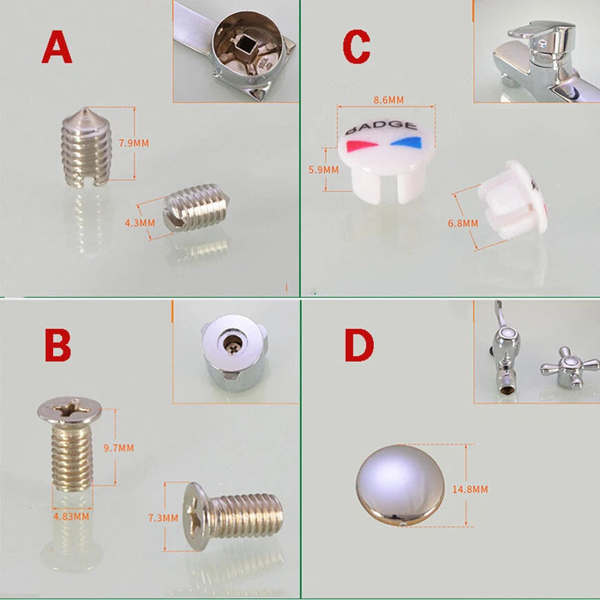 Basin Faucet Hot & Cold Indicator Screw Cover Caps – Tap Handle Head Fixing Screws (Type A/B/C/D, Plastic or Metal)