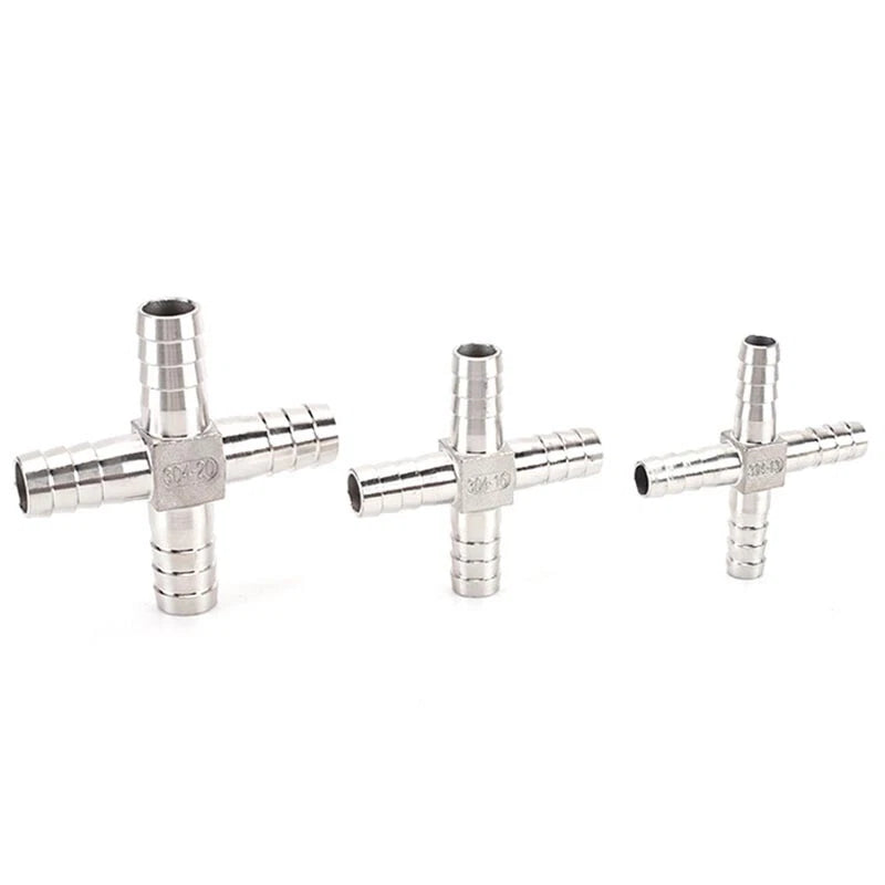 A2 Stainless Steel Cross 4-Way Barbed Hose Connector | 8–25mm | Air Fuel Water Gas