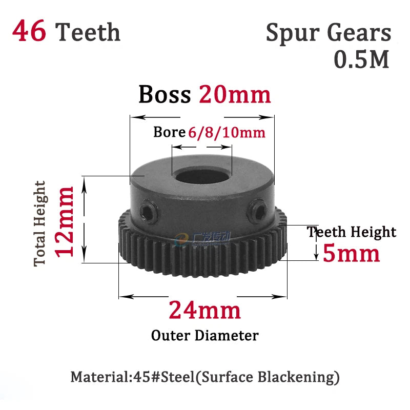 0.5M 40T-48T Spur Gears Steel Pinion Gears Metal Spur Transmission Gear 45 Steel