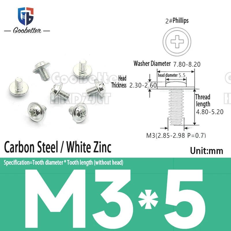 M2.5 / M2.6 / M3 Pan Head Phillips Machine Screws with Integrated Washer — Carbon Steel & Stainless, Multi - Finish - HomeDIYer