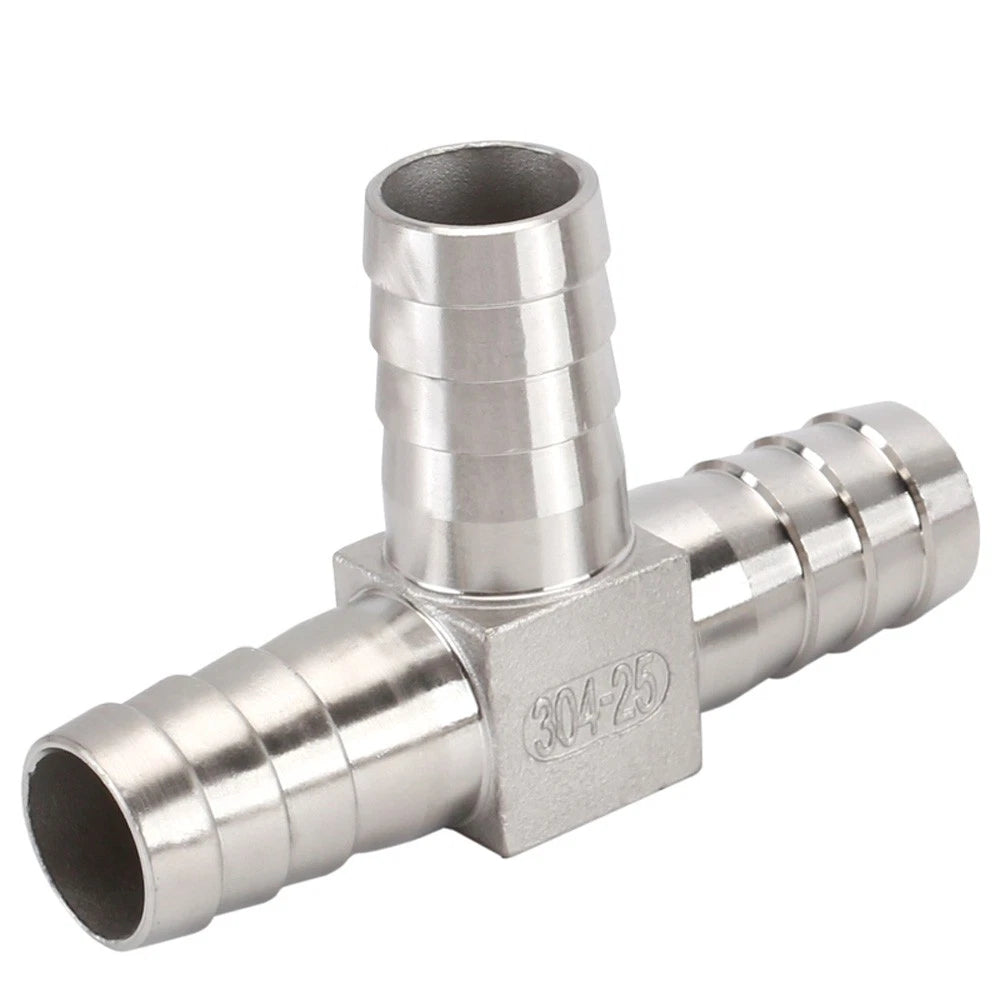 Stainless Steel T Hose Barb Tee Connector — 8mm to 32mm, Water & Gas Pipe Fitting
