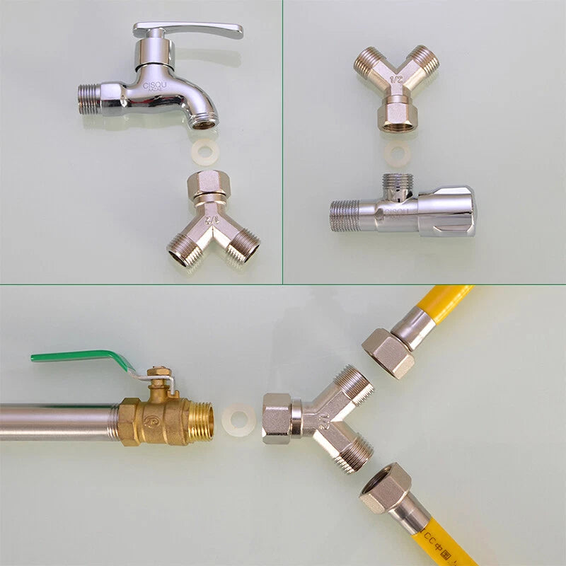 BSP 3-Way Y Fitting — 1/4" 3/8" 1/2" Female Male Thread Hose Splitter Connector