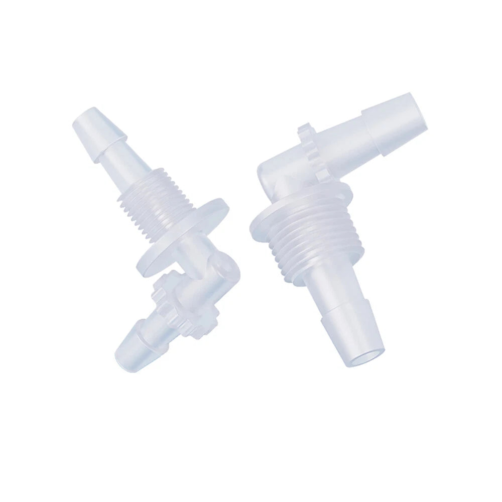 Bulkhead Elbow Barbed Hose Connector — Plastic Pipe Fitting with Thread Adapter, Nut & Gasket