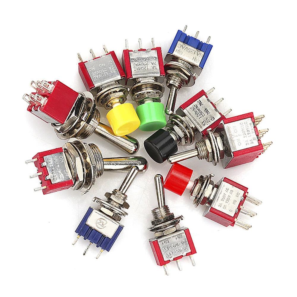 Mini Toggle Switch MTS/PS Series — Red & Blue SPDT 3/6/9/12-Pin, 2-Way & 3-Way