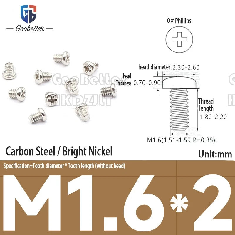 M1.6 & M1.7 Phillips Pan Round Head Machine Screws – Carbon Steel, Brass or Stainless, Lengths 1.5–22mm