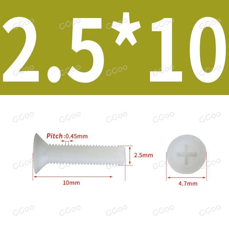 White Nylon Phillips Flat Head Machine Screws DIN 965 — M2.5 M3 M4 M5 M6 M8