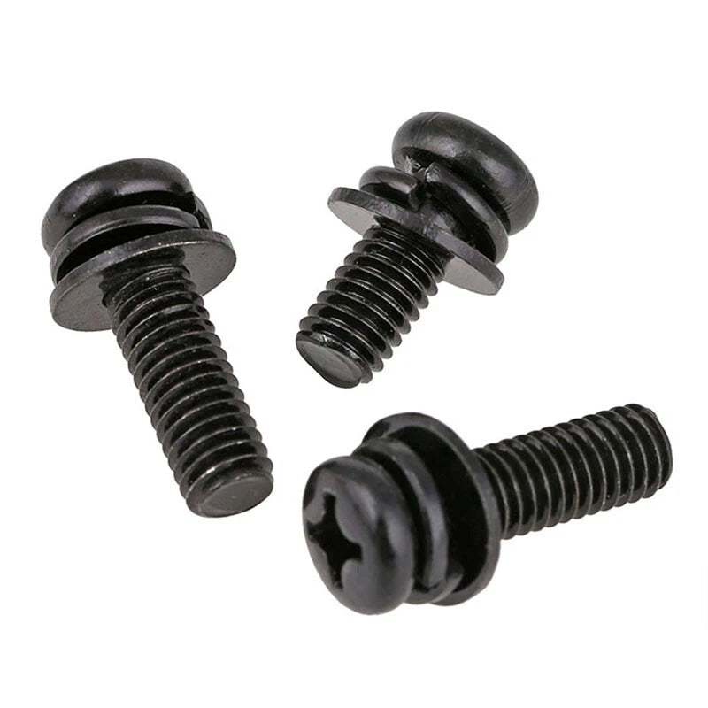 Black Zinc Pan Head Machine Screws with Washers, M2–M6 Pozi Phillips Drive