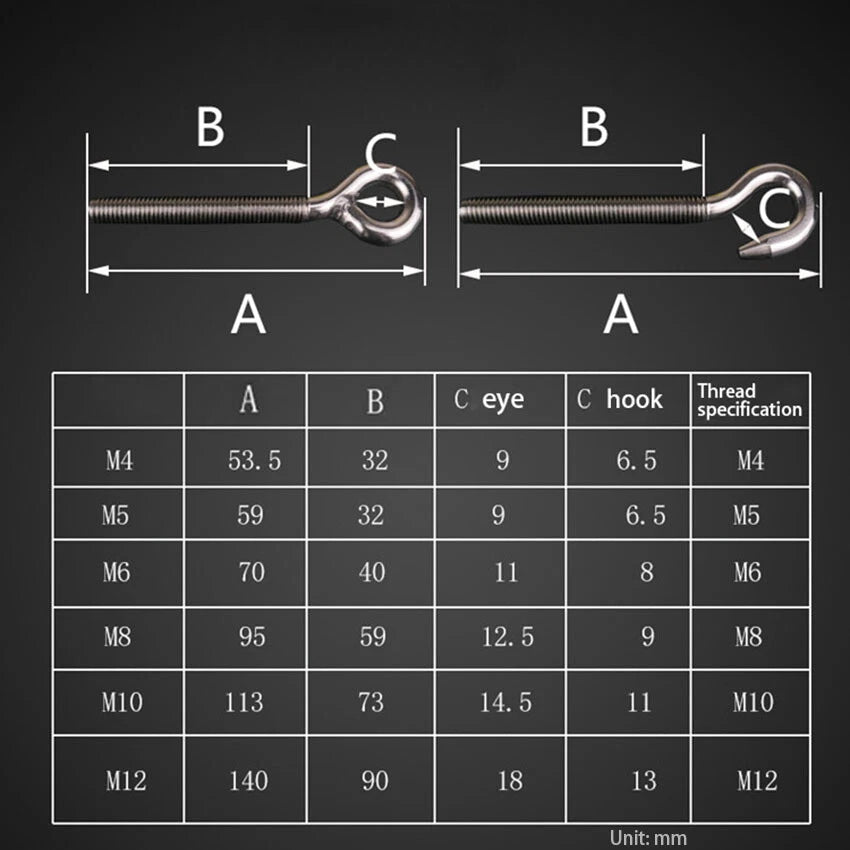 Stainless Steel 304 Screw Hooks & Screw Eyes – Large & Small Loop, Cup Style, M4 to M12 Metric Sizes