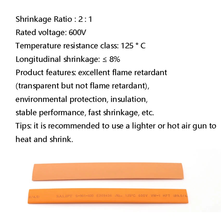 Orange Heat Shrink Tubing 2:1 Ratio – Electrical Wire Insulation Sleeving φ1mm–φ50mm