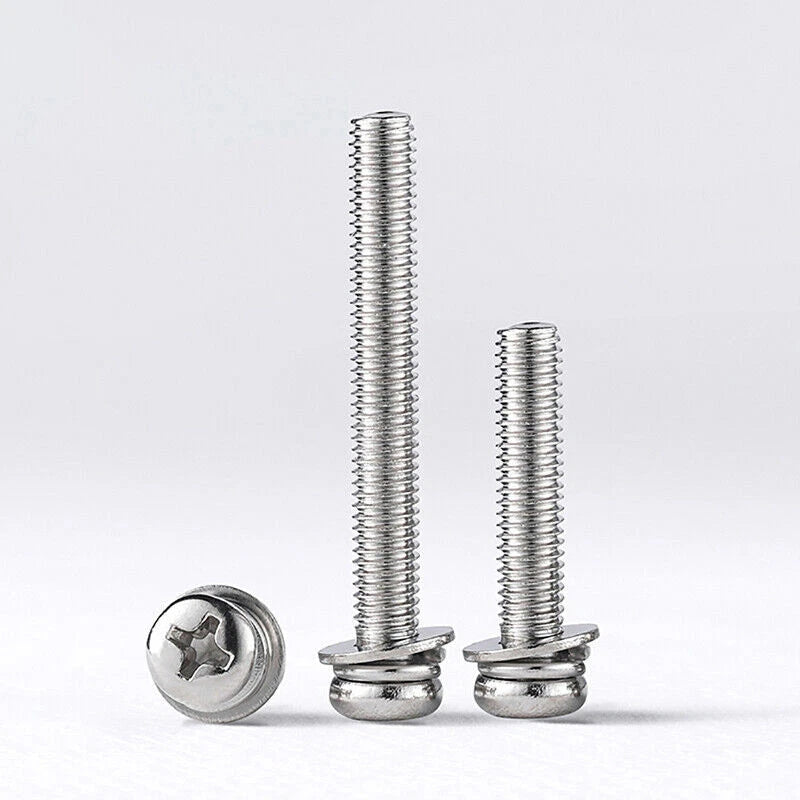 M4 M5 Phillips Pan Head Screws with Washer – 304 Stainless Steel Machine Bolts, Fully Threaded