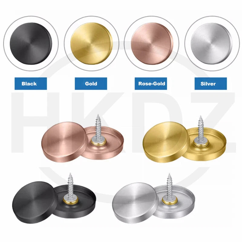 Stainless Steel Mirror Screw Cover Caps – Decorative Disc Plates for Glass, Mirrors & Furniture (16-50mm, Flat/Dome, Silver/Gold/Black/Rose Gold)
