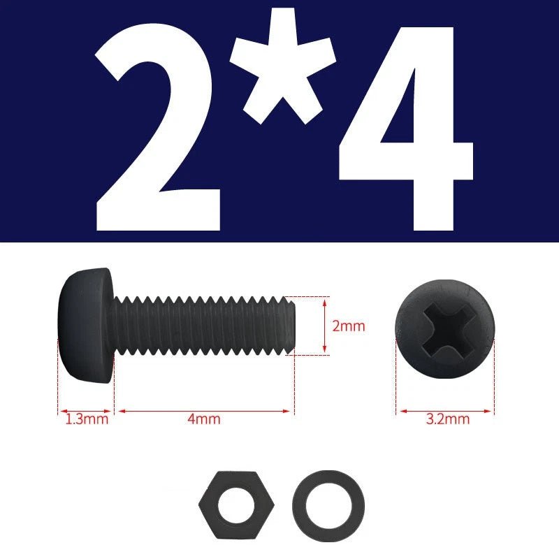 Black Nylon Phillips Machine Screws with Nuts & Washers — Metric M2 to M8 - HomeDIYer