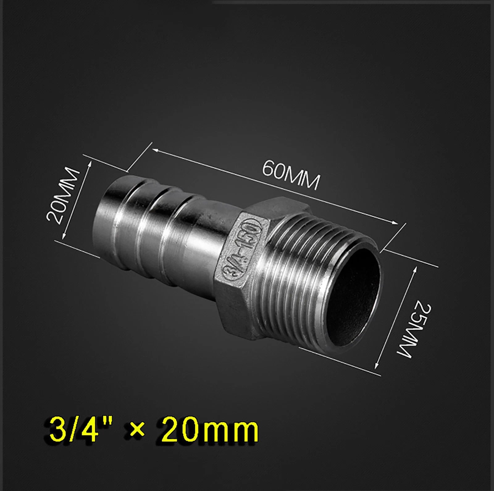 304 Stainless Steel Male BSP Barb Hose Tail Connector — 1/2", 3/4", 1" Pipe Fitting