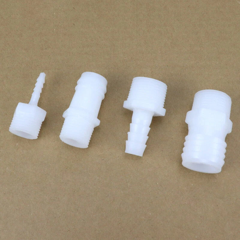 Male Thread Barbed Hose Connector — Straight Plastic Fitting, 1/2" & 3/4" Thread, 4mm–25mm Barb