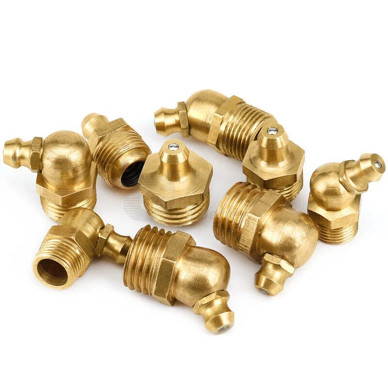 Brass Grease Fitting Nipples M6 M8 M10 M12 M14 M16 — Straight, 45°, 90° Entry
