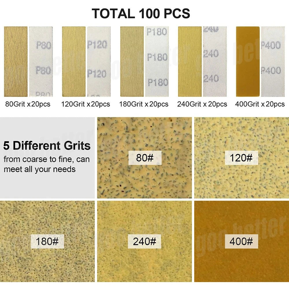 100PCS 3.5x1inch Sandpaper Kit Woodworking Detail Sanding Sheets 80 To 600 Grit