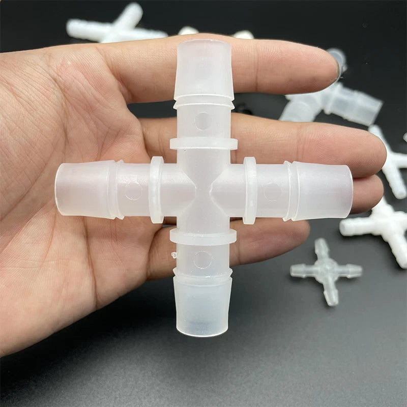 Cross 4-Way Barbed Plastic Hose Joiner Connector | 2.4mm–12.7mm