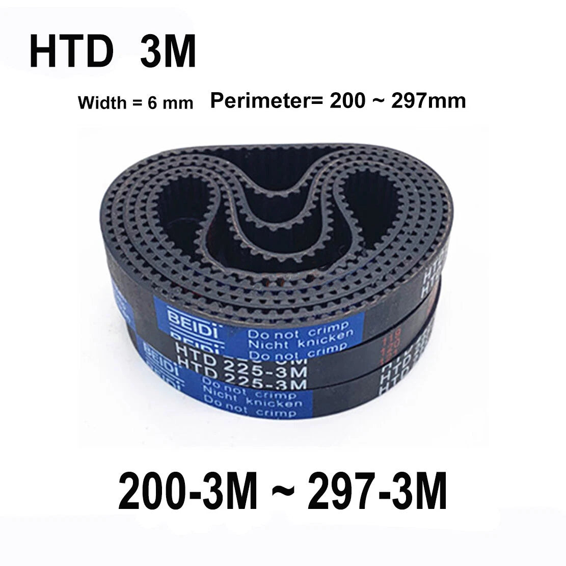 HTD 3M Timing Belt 6mm Wide — Perimeter 201mm to 297mm Closed Loop Drive Belt