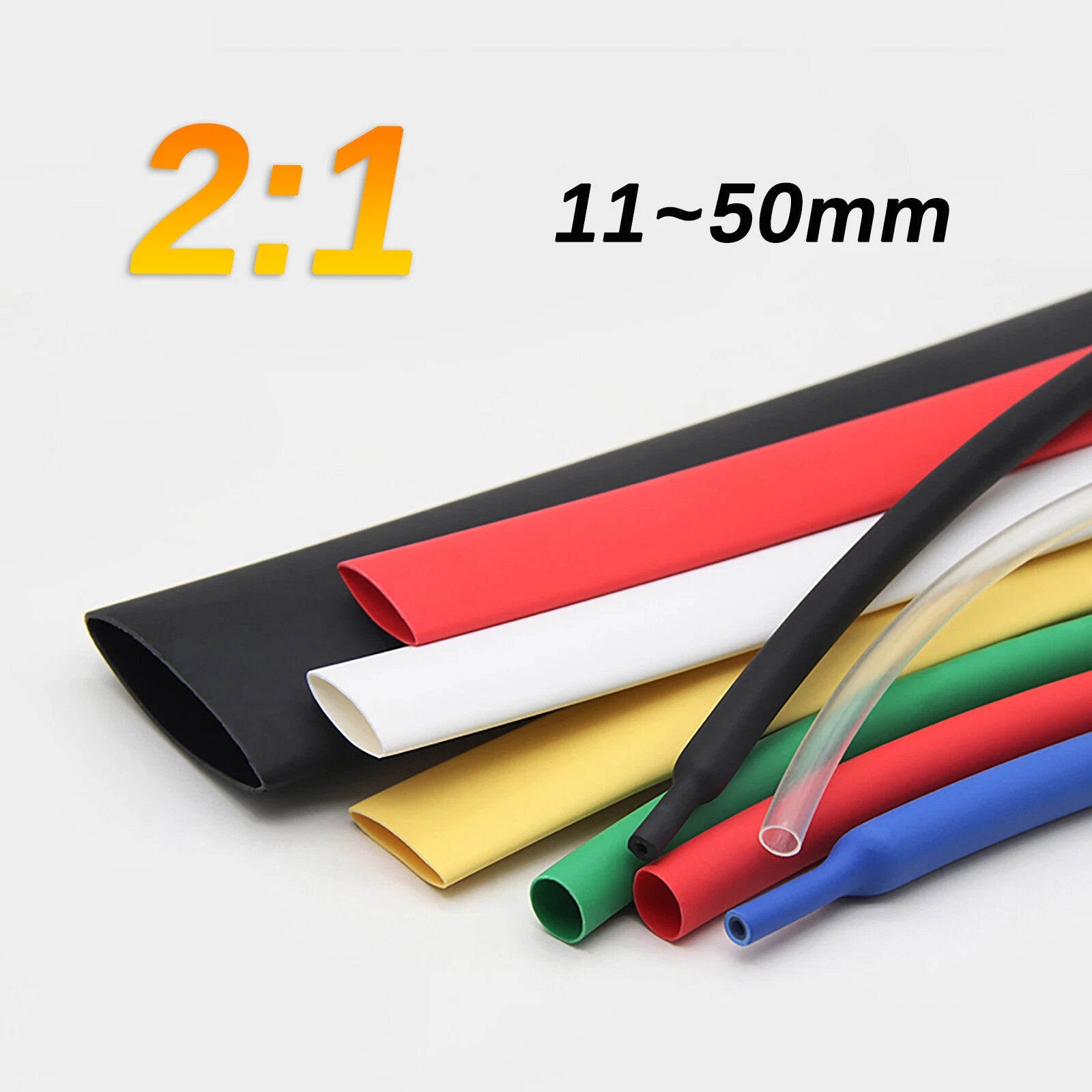 2:1 Heat Shrink Tubing — Electrical Wire Sleeving, 7 Colors, 11mm–50mm