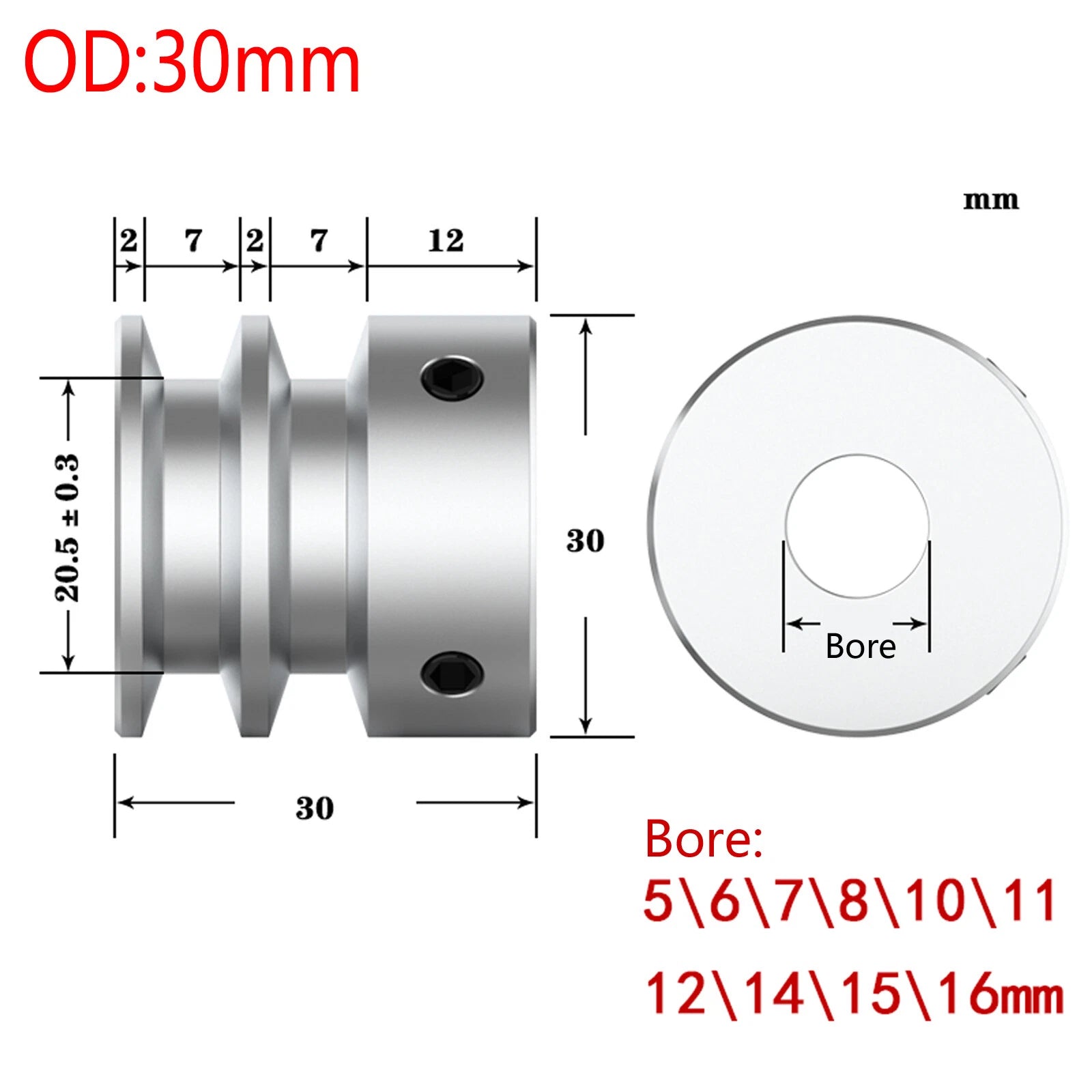 Double V Grooved Pulley PU Round Belt Pulleys Aluminum Width 7mm OD 30-80mm