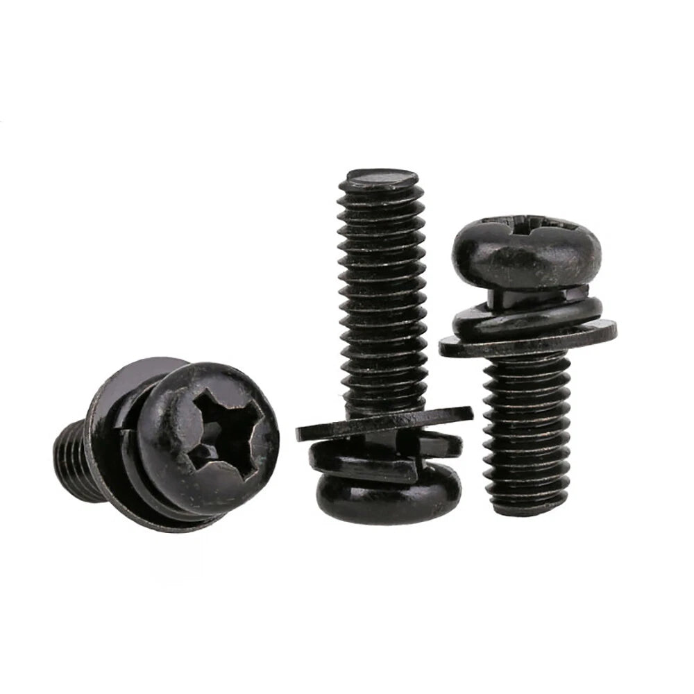 Pozi Pan Head Screws with Flat & Spring Washers – M2 M2.5 M3 M4, Carbon Steel Black Zinc (Length Under Head)