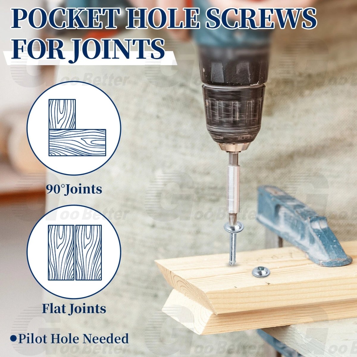 8 Pocket Hole Screws Interior Pocket Screw Coarse Thread, Square Drive, Washer Head, Zinc Plated, 100MM Drive Bit Included - HomeDIYer