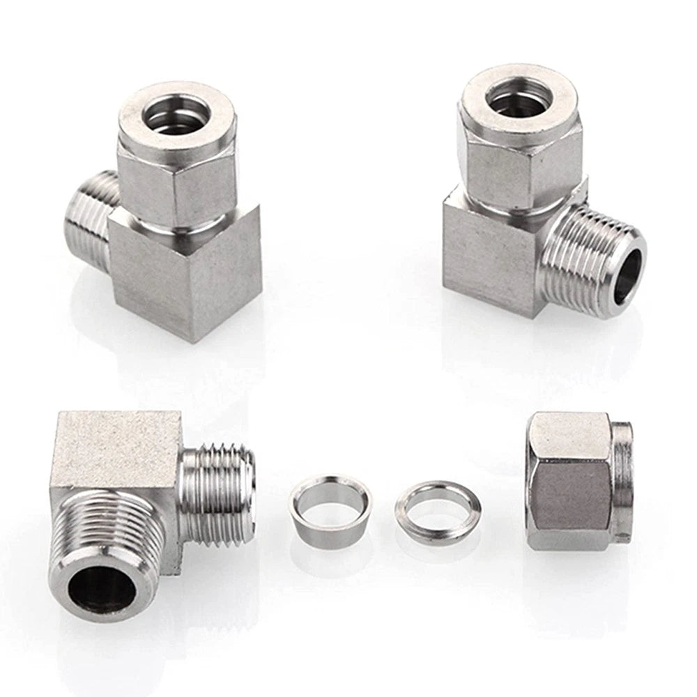 304 Stainless Steel Compression Fitting – 90° Elbow Male Connector, BSPT 1/8" to 1/2", Tube OD 6–20mm