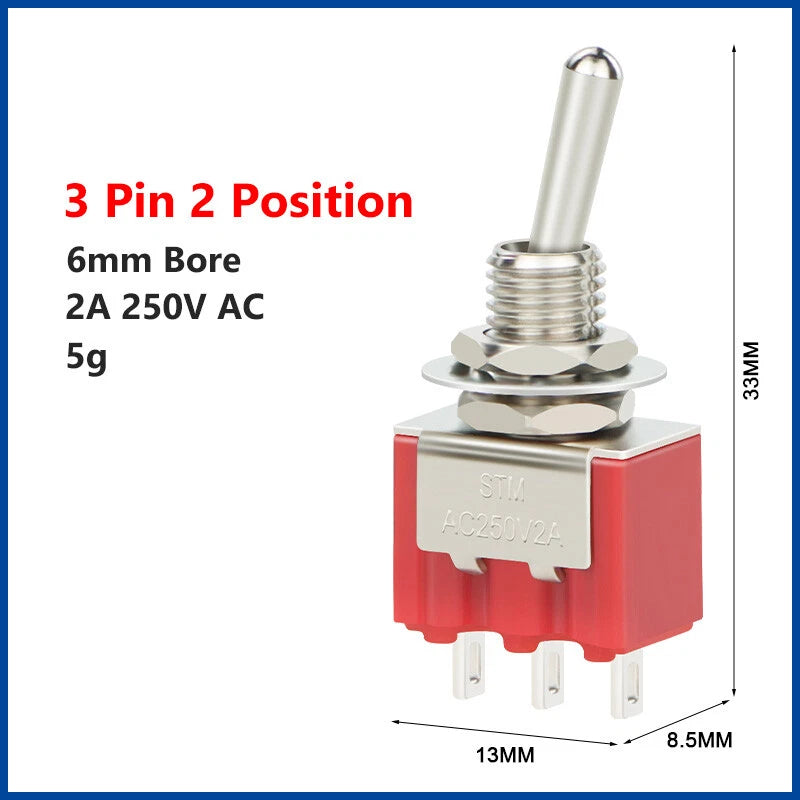 6mm Toggle Switch – SPST/SPDT, 3 & 6 Pin, 2 & 3 Position, 125V/250V, with Waterproof Cap Option