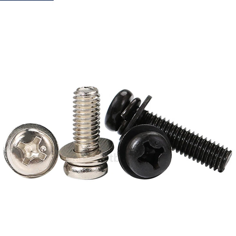Black Zinc Phillips Pan Head Screws with Spring & Flat Washers – M2 to M8, Fully Threaded